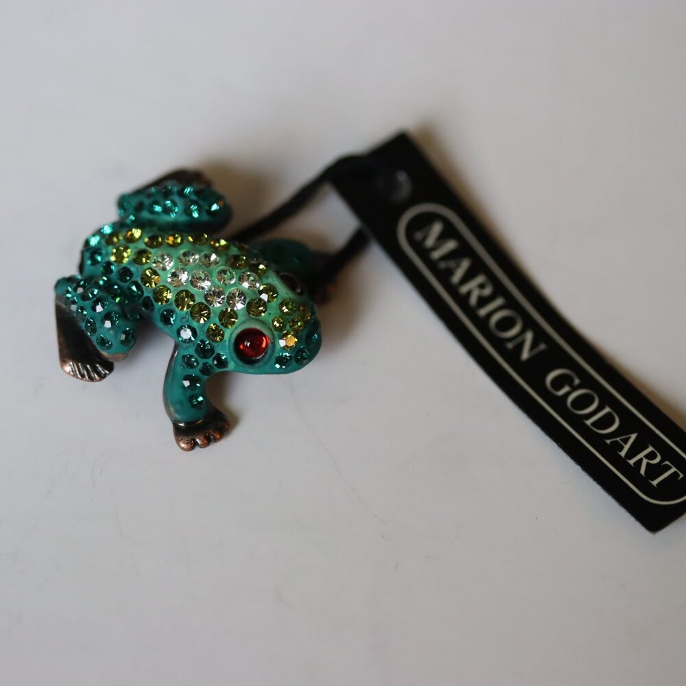 Marion Godart Green Metal Frog Toad Brooch Pin Encrusted with Green Rhinestones